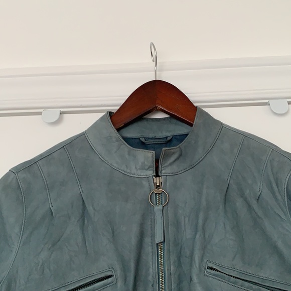 💙NWOT 100% LEATHER JACKET ROBIN’s EGG BUTTER SOFT PEPLUM ZIP MANDARIN COLLAR🐦 - Picture 6 of 15